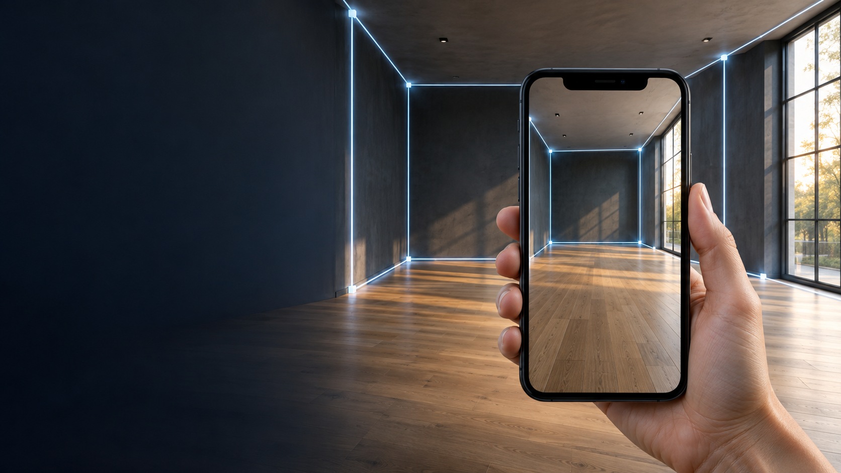 Concept illustration of a hand holding a phone camera that traces the width, depth, and height of a commercial room with illuminated corner markers.